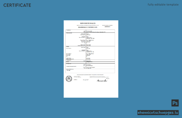 Australien, New South Wales: Heiratsurkunde in Word – Beispielvorschau